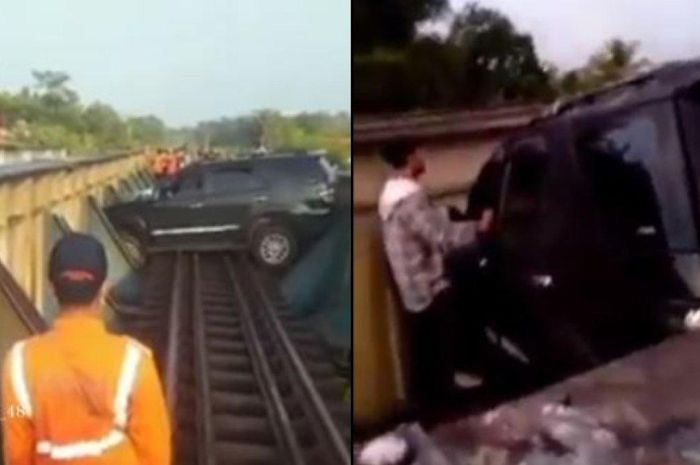 Toyota Fortuner tersangkut di Jalan Kereta 501, Kelurahan Kradenan, Kecamatan Sumpiuh, Banyumas, pada Rabu (19/04/2023).