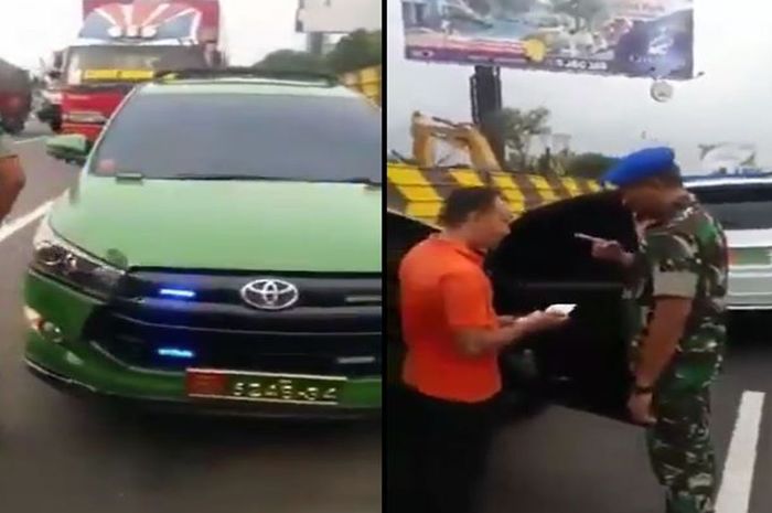 tangkap layar video viral Toyota Venturer hijau army yang pakai pelat TNI palsu diberhentikan Provos TNI di jalan tol.