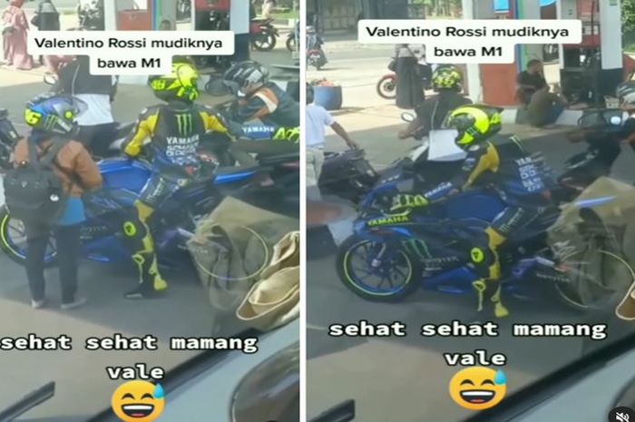 Tangkap layar Valentino Rossi ikutan mudik lebaran sedang isi bahan bakar di SPBU Pertamina.