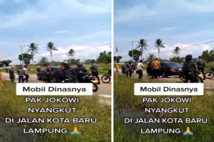 Tangkap layar momen mobil Presiden Jokowi nyangkut saat meninjau jalan rusak di Lampung, Jumat (5/5/2023)