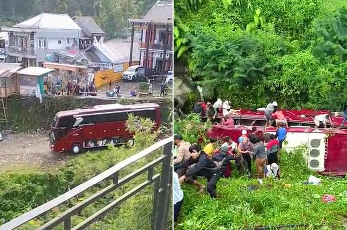 Tangkap layar kejadian kecelakaan bus terjun ke sungai di Guci Tegal, Minggu (7/8/2023). Sopir mengaku sudah tarik rem tangan dan pasang ganjal.