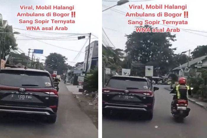 tangkap layar aksi pengemudi Toyota Veloz yang merupakan WNA Arab, nekat menghalangi laju ambulans di Bogor.
