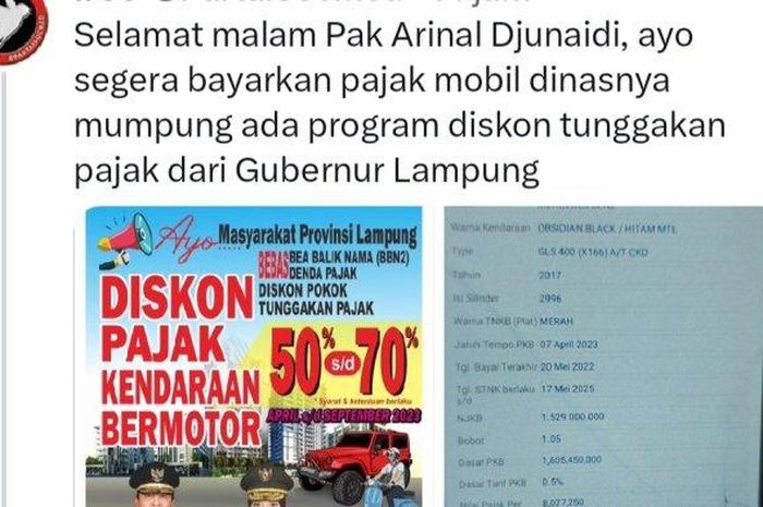 Tangkapan layar akun Twitter @PartaiSocmed, terkait mobil dinas pejabat Pemprov Lampung menunggak pajak. 