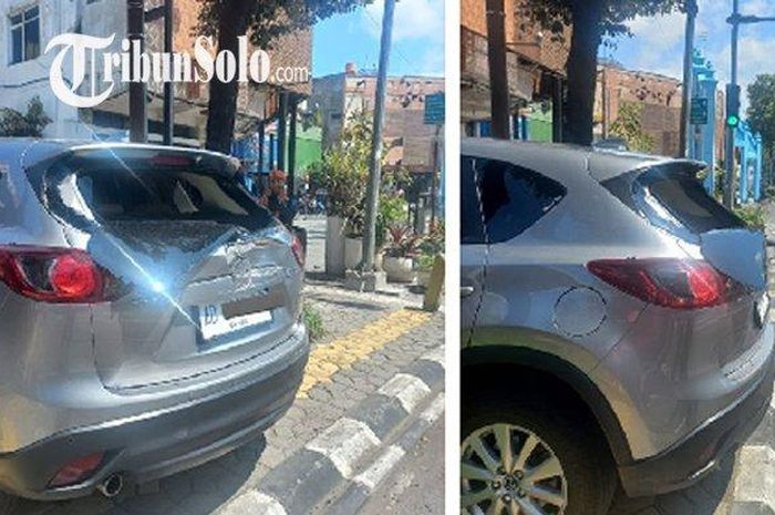 Kaca bagasi Mazda CX-5 ambyar alias pecah tergores Kereta Uap Jaladara di Jl Slamet Riyadi, kota Solo, Jawa Tengah