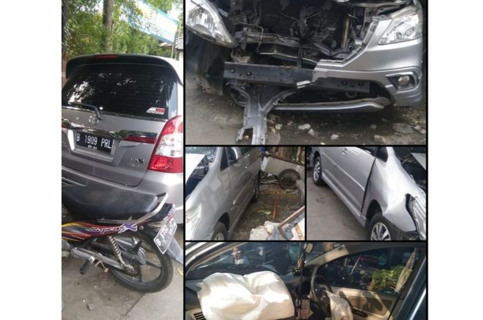 Kondisi Toyota Kijang Innova dipacu anak perwira Polisi Ditlantas Polda Metro Jaya usai tabrak satu kelurga di Cijantung, Jakarta Timur