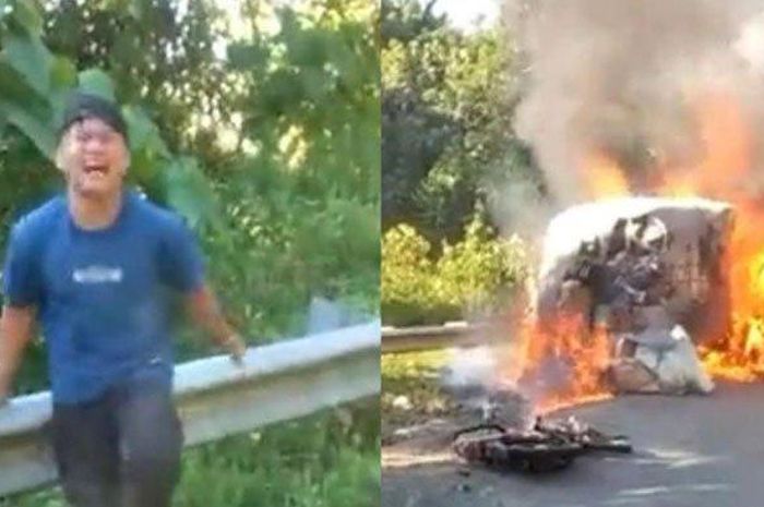 Pria kaos biru nangis hebat usai Honda Supra yang dikendarai jatuh terseret lalu sleding tekel tangki bensin Daihatsu Gran Max hingga terbakar