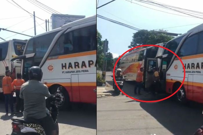 Tangkap layar video viral cekcok antara kru bus PO Harapan Jaya vs PO Bagong.