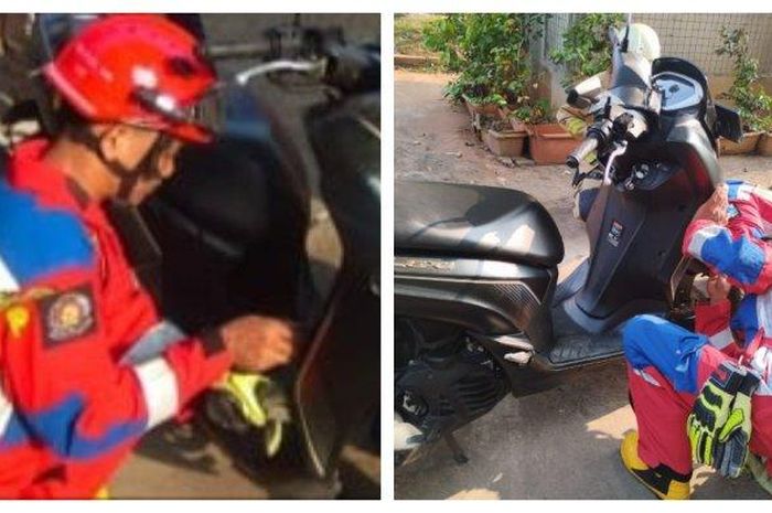 Enam orang petugas Gulkarmat Jakarta Selatan mengevakuasi ular pucuk sepanjang 50 cm dari balik cover bodi Yamaha Lexi 125 milik abang kurir paket di Jl Gatot Subroto, Karet Semanggi, Setiabudi, Jaksel