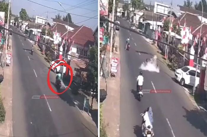 tangkap layar kejadian seorang tukang bakso tersiram kuah air panas akibat tersenggol pemotor yang nekat lawan arus di Semarang, Selasa (24/5/2023).