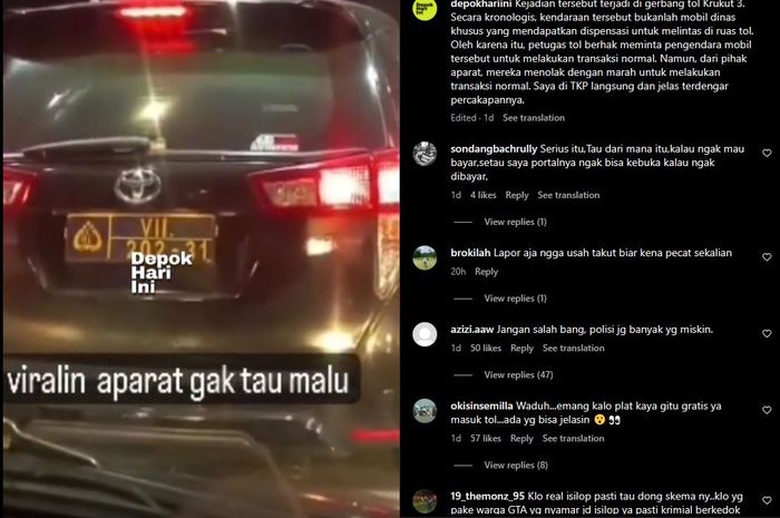 Tangkap layar kejadian Toyota Innova pelat dinas polisi tidak mau bayar di Gerbang Tol Krukut 3, ruas Tol Depok-Antasari.