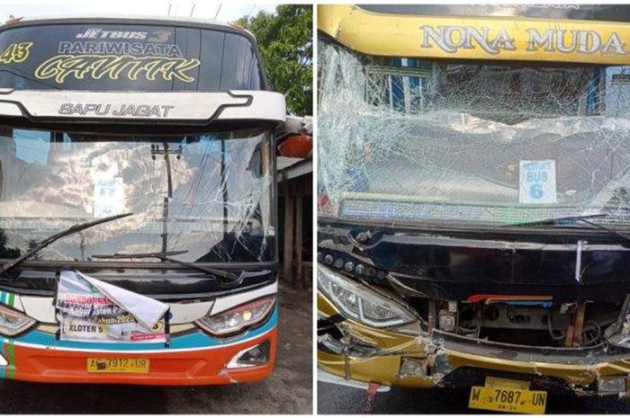 Penampakan dua bus pengangkut calon jemaah haji asal Pamekasan yang alami tabrakan beruntun