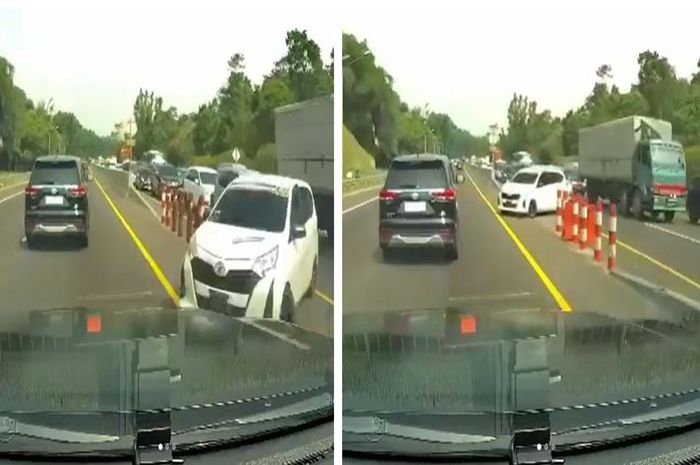 tangkap layar Toyota Calya nekat putar balik di jalan tol, bisa kena denda dua kali lipat tarif tol terjauh.