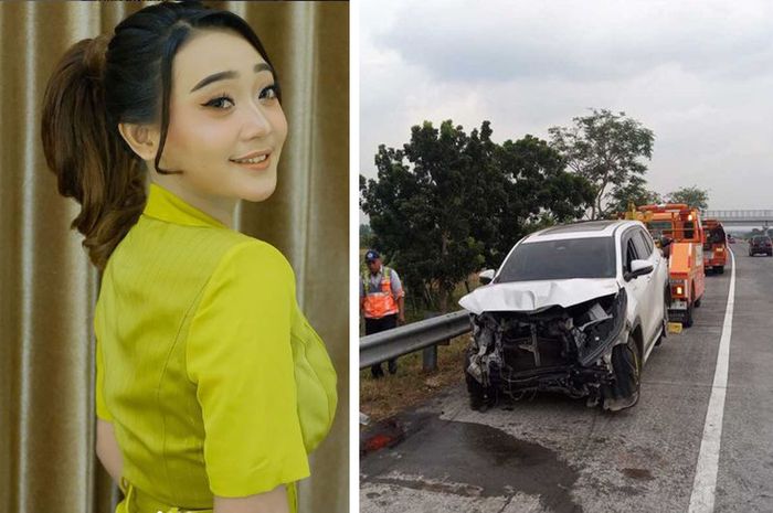 Toyota Innova Zenix yang ditumpangi pedangdut Difarina Indra mengalami kecelakaan di Tol Jombang-Mojokerto, Rabu (7/6/2023).
