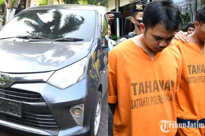 Toyota Calya dan dua tersangka pembunuhan acak sopir taksi online di kabupaten Malang, Jawa Timur