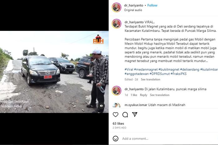 Tangkap layar Toyota Kijang Innova nanjak sendiri tanpa digas pengemudinya, Anggota DPRD Komisi A Sumut, Hariyanto, sebut penyebabnya karena ditarik medan magnet.