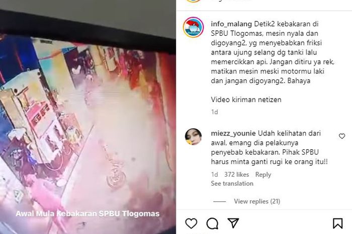 tangkap layar video motor terbakar di SPBU Tlogomas Malang. Penyebabnya karna goyangin tangki dan menyalakan mesin saat isi BBM.