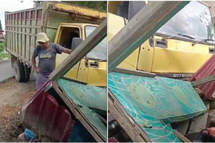 Viral di media sosial video sopir truk jelalatan lihat cewek di pinggir jalan, berakhir tabrak warung. 