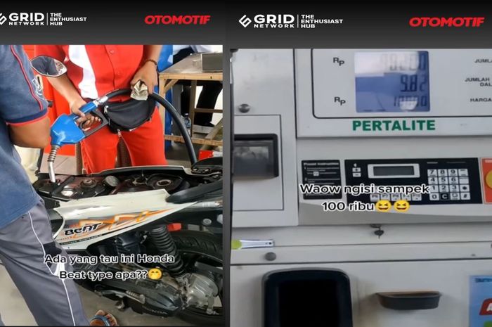 tangkap layar video viral Honda BeAT tangki double yang bisa isi Pertalite sampai Rp 100 ribu.