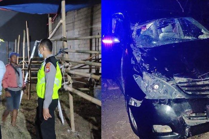 Kondisi Toyota Kijang Innova usai ditabrak kuda pacuan yang lepas dari kandang karena berkelahi dengan kuda lain di Ponorogo