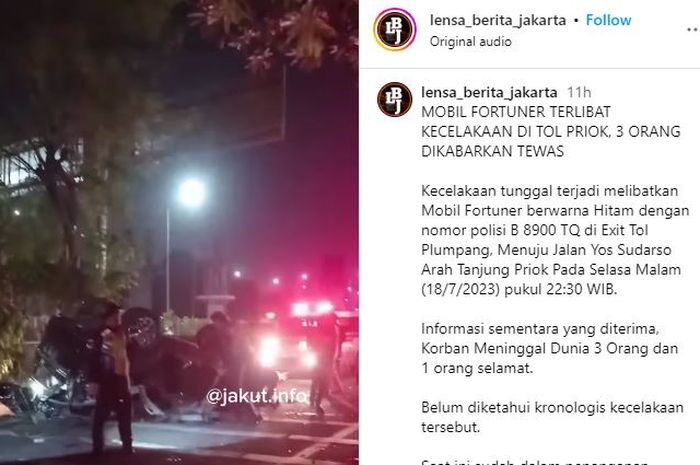 tangkap layar kejadian kecelakaan tunggal Toyota Fortuner di Exit Tol Plumpang, Jakarta Utara, Selasa (18/7/2023) malam.