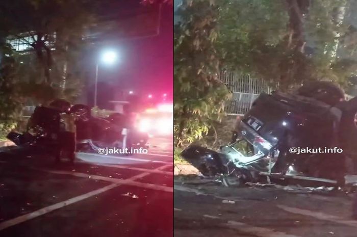 tangkap layar kecelakaan tunggal yang dialami Toyota Fortuner di exit Tol Plumpang, Selasa (18/7/2023) malam.