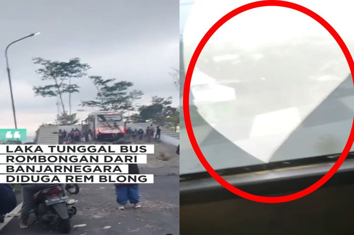 tangkap layar kecelakaan tunggal bus rem blong di Kertek Wonosobo, kaca samping yang pecahannya besar dan tajam jadi sosotan netizen.