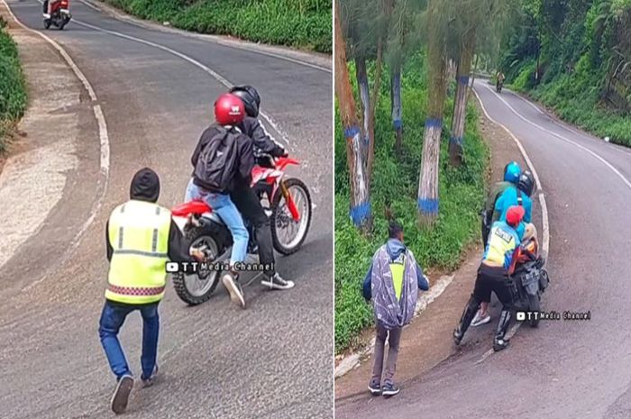 tangkap layar aksi viral relawan di Tanjakan Sikut arah Bromo yang menyelamatkan pengendara motor gagal nanjak.