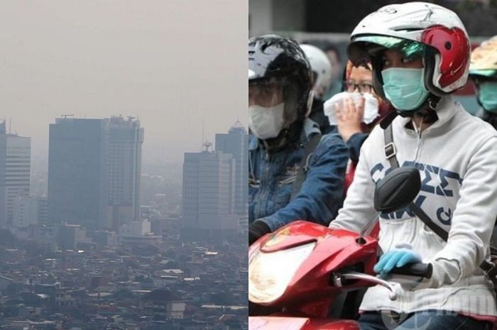 Ilustrasi polusi udara Jakarta (kiri) dan pemotor pakai masker (kanan).