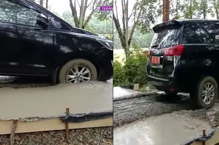 Tangkap layar Toyota Innova mobil dinas Kadispora Lubuklinggau yang nekat terbonos jalan cor basah .