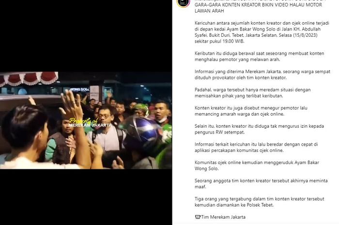 tangkap layar kericuhan YouTuber vs pasukan ojol di Tebet, Jakarta Selatan, Selasa (15/8/2023) malam. Dipicu video cegat pengendara lawan arus.