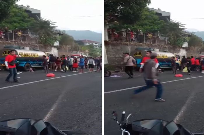 Tangkap layar insiden karnaval maut di Pacet, Mojokerto, Jawa Timur, Kamis (24/8/2023) sore  yang disebabkan truk tangki air mengalami rem blong.