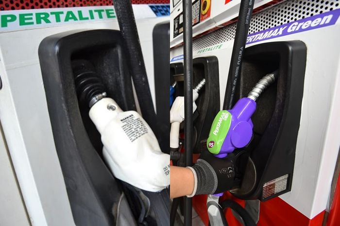 Foto ilustrasi nozzle Pertalite dan Pertamax Green. Segini harga bensin Pertamina munculnya rencana Pertalite dihapus.