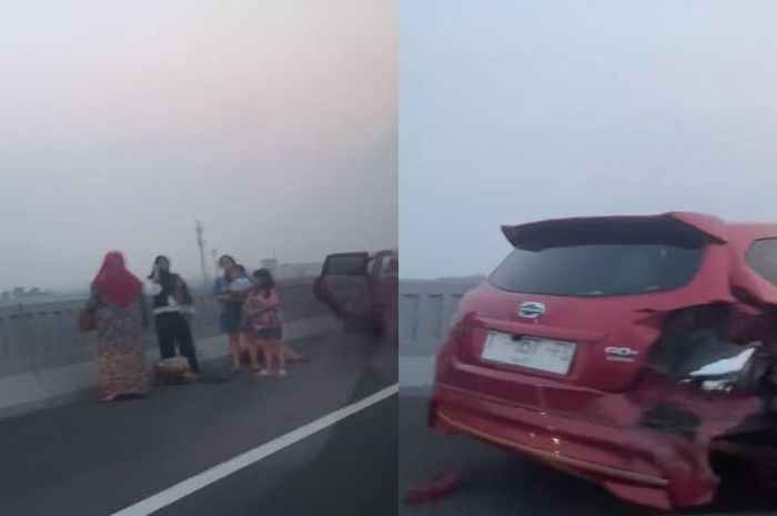 tangkap layar kejadian kecelakaan beruntun di Tol MBZ akibat anggota TNI naik Toyota Yaris nekat lawan arah.