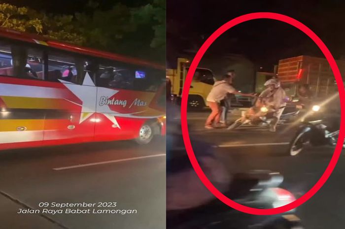 Tangkap layar seorang pemotor direcokin sejumlah pria saat menghadang PO Bintang Mas dan Jaya Utama yang nekat lawan arus di Jalan Raya Babat-Lamongan.