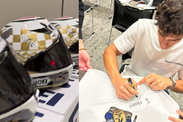 Bikin ngiri, Marc Marquez bagi-bagi helm seharga Honda Scoopy seken untuk para fans-nya sebelum MotoGP Jepang 2023.