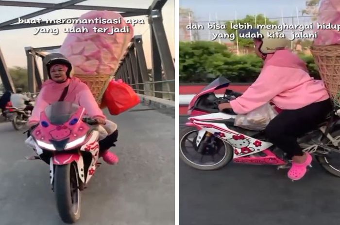 Sosok Ndo Lina, emak-emak pedagang krupuk yang kerap jualan naik Yamaha R15 stiker Hello Kitty.