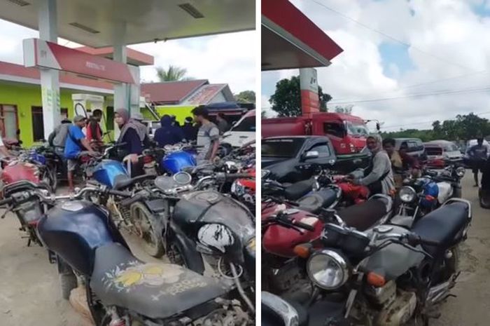 Tangkap layar puluhan unit Suzuki Thunder antre untuk isi BBM subsidi Pertalite di SPBU.