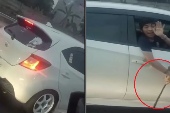 Sopir Honda Brio putih tanpa pelat nomor gedor dan acungkan golok panjang ke mobil lain di tol Tangerang