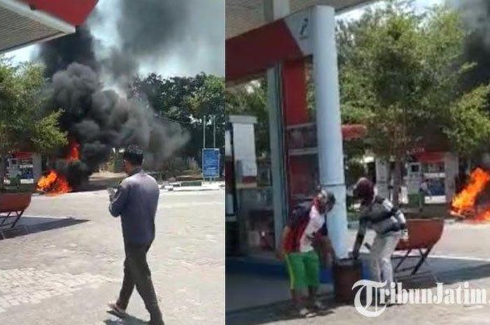 Suzuki Thunder yang dipakai borong Pertalite di SPBU Lamongan, Arjasa, kabupaten Situbondo terbakar hebat