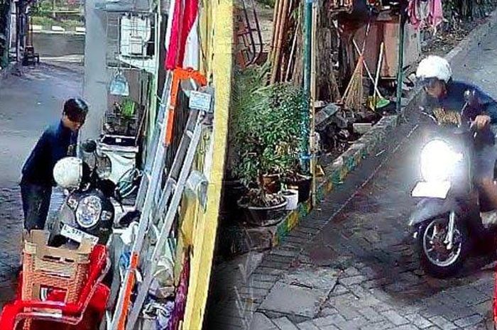 Rekaman CCTV pelaku maling gagal bawa kabur Honda Scoopy meski mesin sudah menyala di Darmokali, Wonokromo, Surabaya