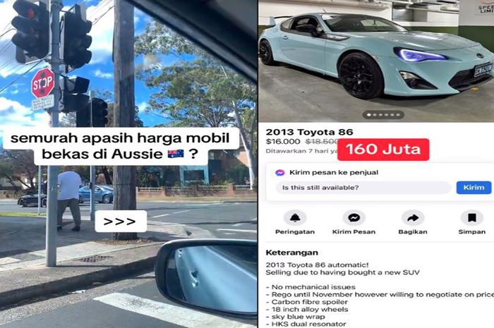 Tangkap layar unggahan harga mobil bekas di Australia, Toyota 86 seken cuma Rp 160 jutaan.