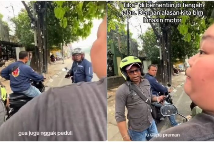 Gerombolan debt collector teror pemotor di tengah jalan dan berniat merampas motor, ditantang korbannya ke kantor polisi malah bubar.