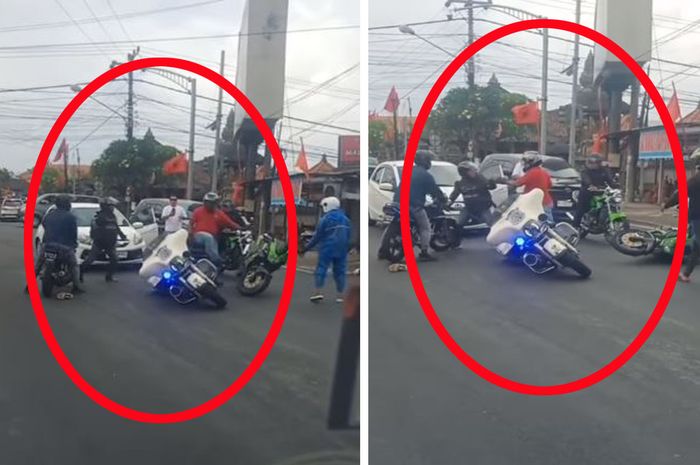 Tangkap layar aksi ribut biker Harley-Davidson dan Kawasaki Ninja 2-tak di traffic light Lukluk, Badung, Bali, Sabtu (6/11/2023).