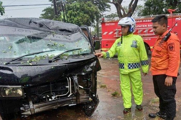 Suzuki Carry pikap ditebas pohon Munggur tumbang di Muntilan, Wirokerten, Banguntapan, Bantul, Yogyakarta