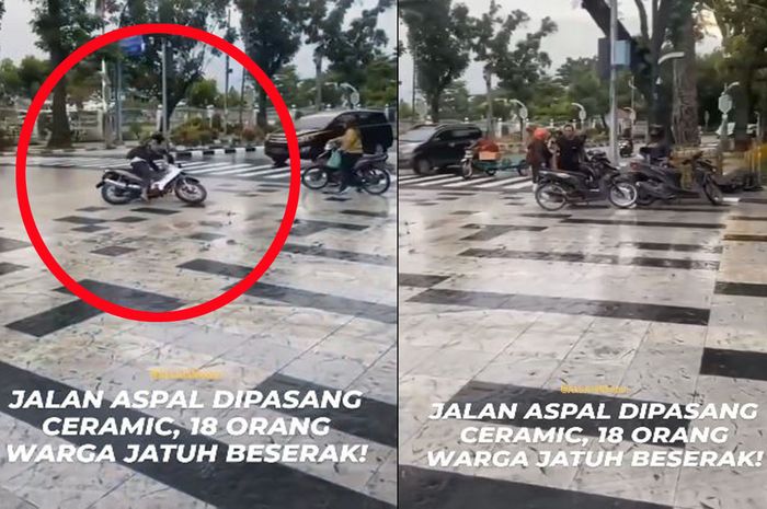 Tangkap layar sejumlah pemotor terpeleset di Jalan Sudirman Medan akibat permukaan aspal yang dipasang keramik