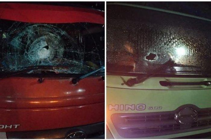 Foto dua kaca truk bolong menjadi korban pelemparan batu di jalan raya Cilallang-Belopa, Luwu, Sulawesi Selatan