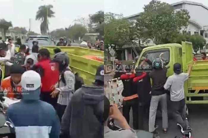 Sopir dan kernet truk diamuk massa demo buruh di kawasan Industri EJIP, Cikarang, Bekasi