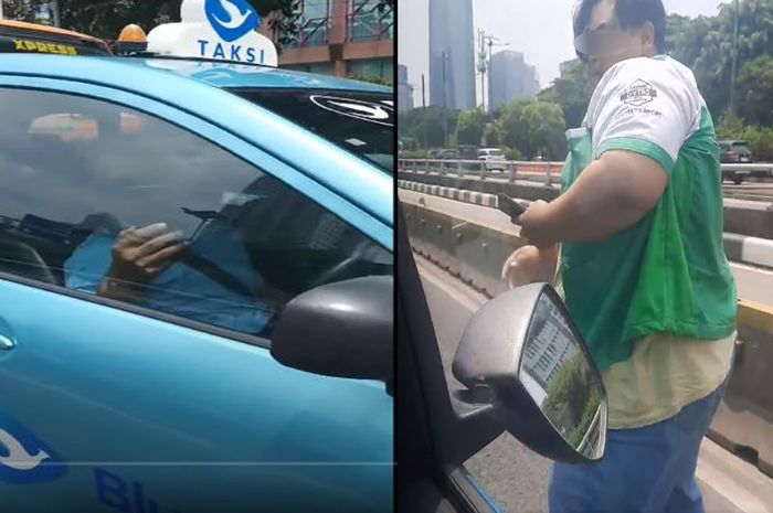tangkap layar aksi ribut taksi online vs Blue Bird di jalanan Jakarta, Senin (11/12/2023).
