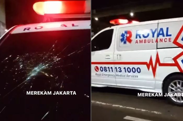 Kaca ambulans Hyundai H-1 pecah dilempar batu oleh orang kebal hukum alias ODGJ di Jl D.I Panjaitan, Cipinang Cempedak, Jatinegara, Jakarta Timur