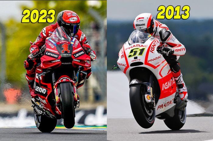 Perbedaan bentuk motor MotoGP tahun 2023 dan 2013 tampak sangat signifikan